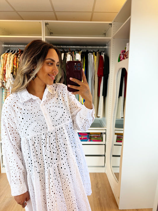 Broderie cotton midi dress white