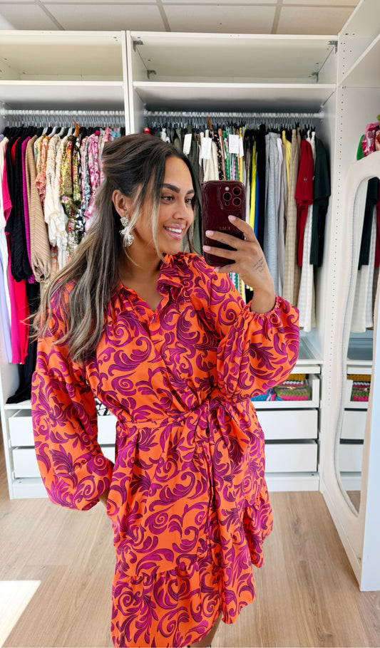 Vera balloon bow dress orange & purple