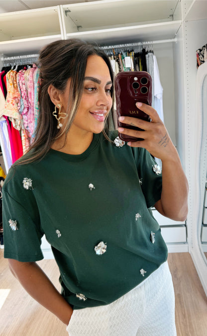 Flora flower sequin shirt forest green