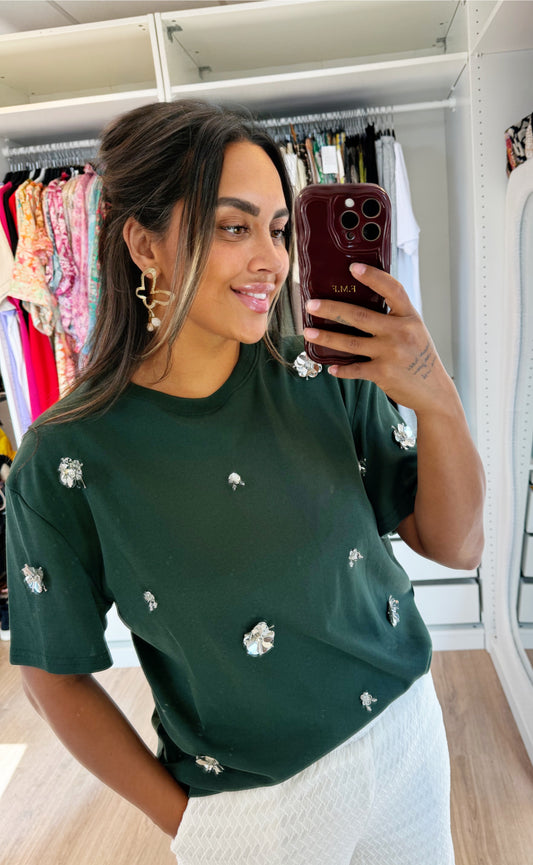 Flora flower sequin shirt forest green