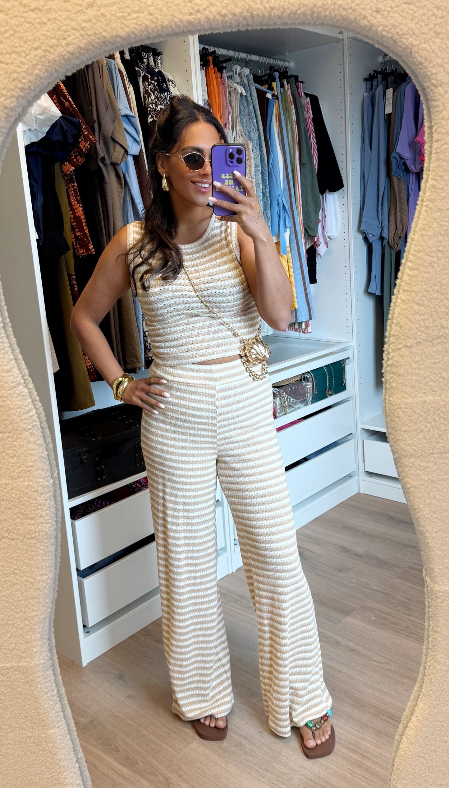 Tweedelige set met streepprint beige