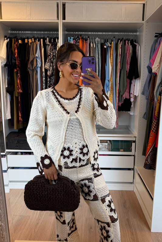 Driedelig crochet set choco bruin