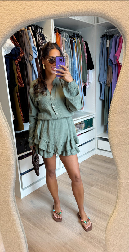 Mousseline ruffle jumpsuit army groen