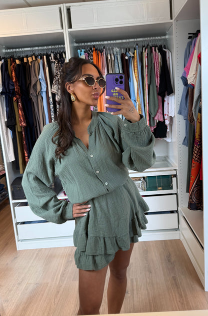 Mousseline ruffle jumpsuit army groen