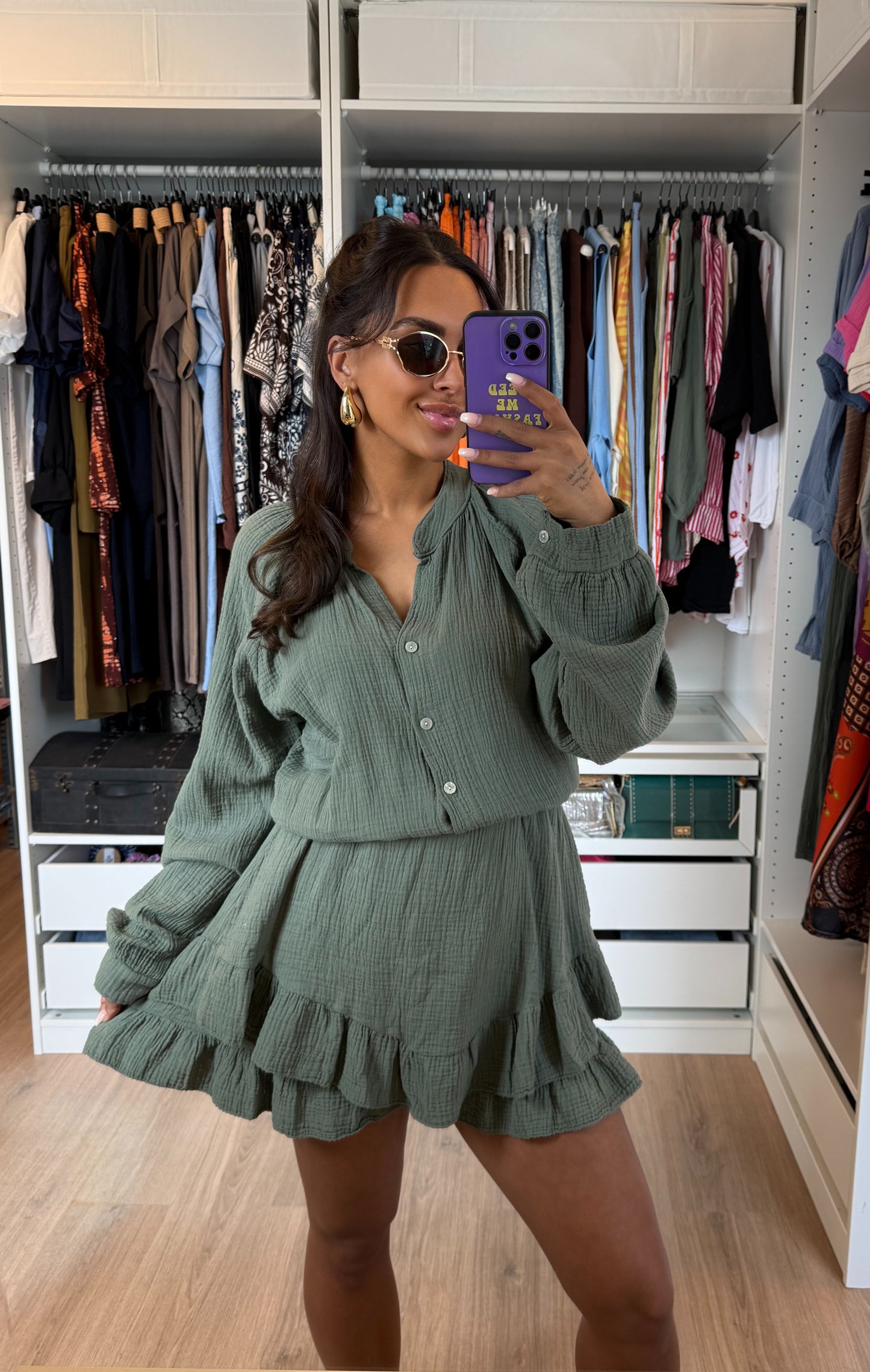 Mousseline ruffle jumpsuit army groen