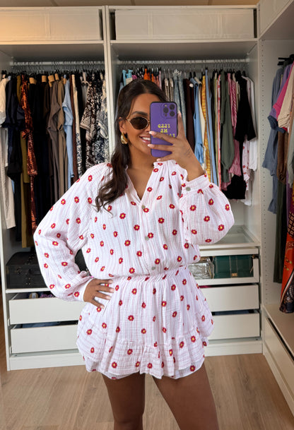 Mousseline ruffle jumpsuit bloemenprint wit