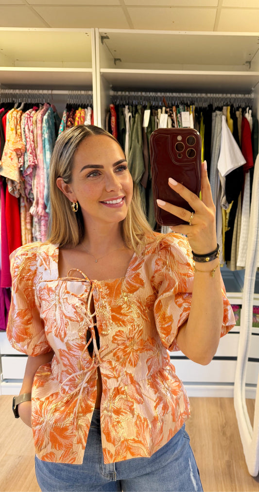 Fleur jacquard bow blouse orange