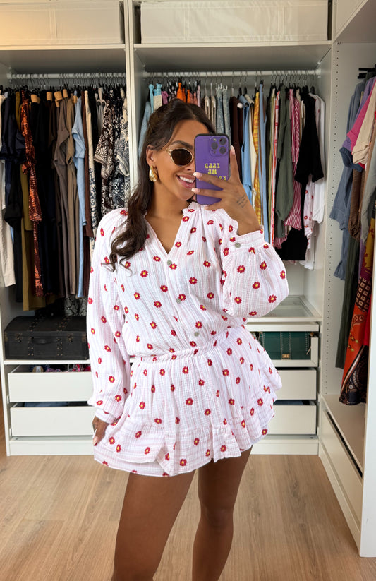 Mousseline ruffle jumpsuit bloemenprint wit