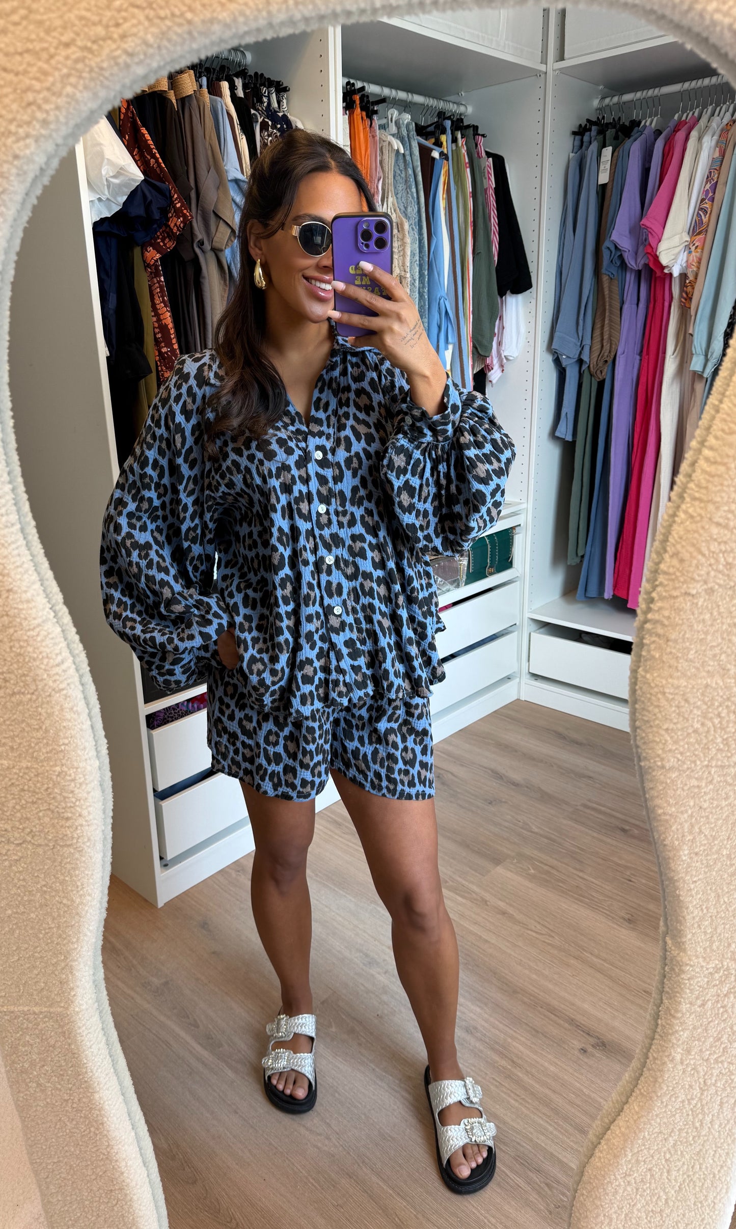 Mousseline set panterprint denim blauw