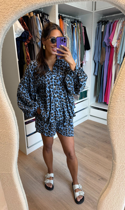 Mousseline set panterprint denim blauw