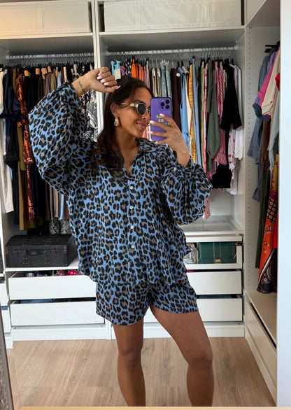 Mousseline set panterprint denim blauw