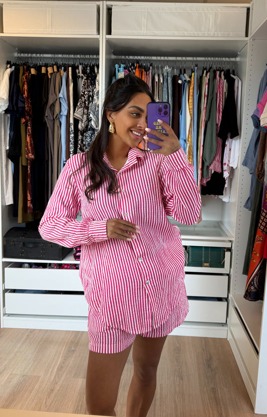 Tweedelige set blouse & short met streepprint roze