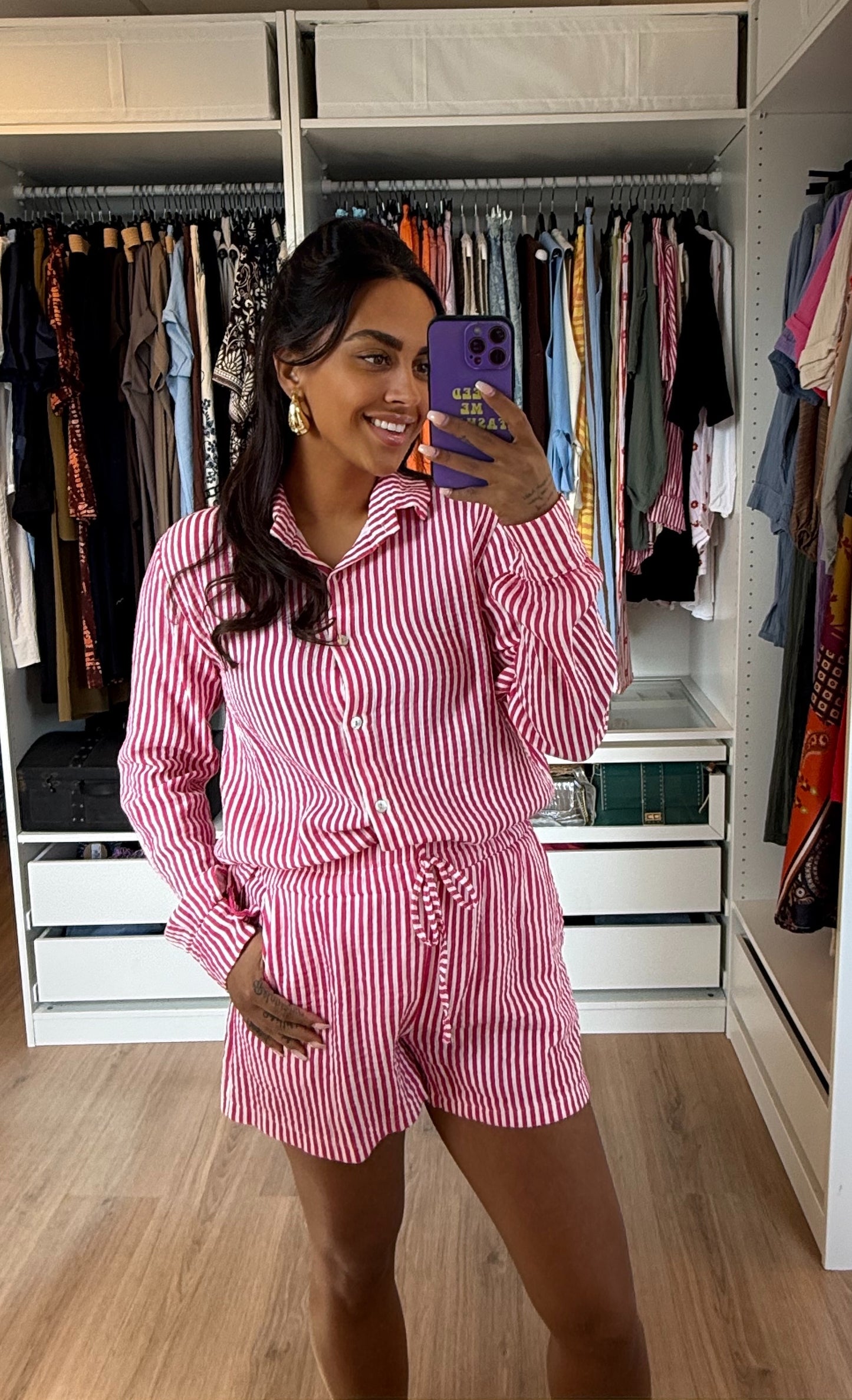 Tweedelige set blouse & short met streepprint roze