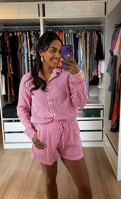 Tweedelige set blouse & short met streepprint roze
