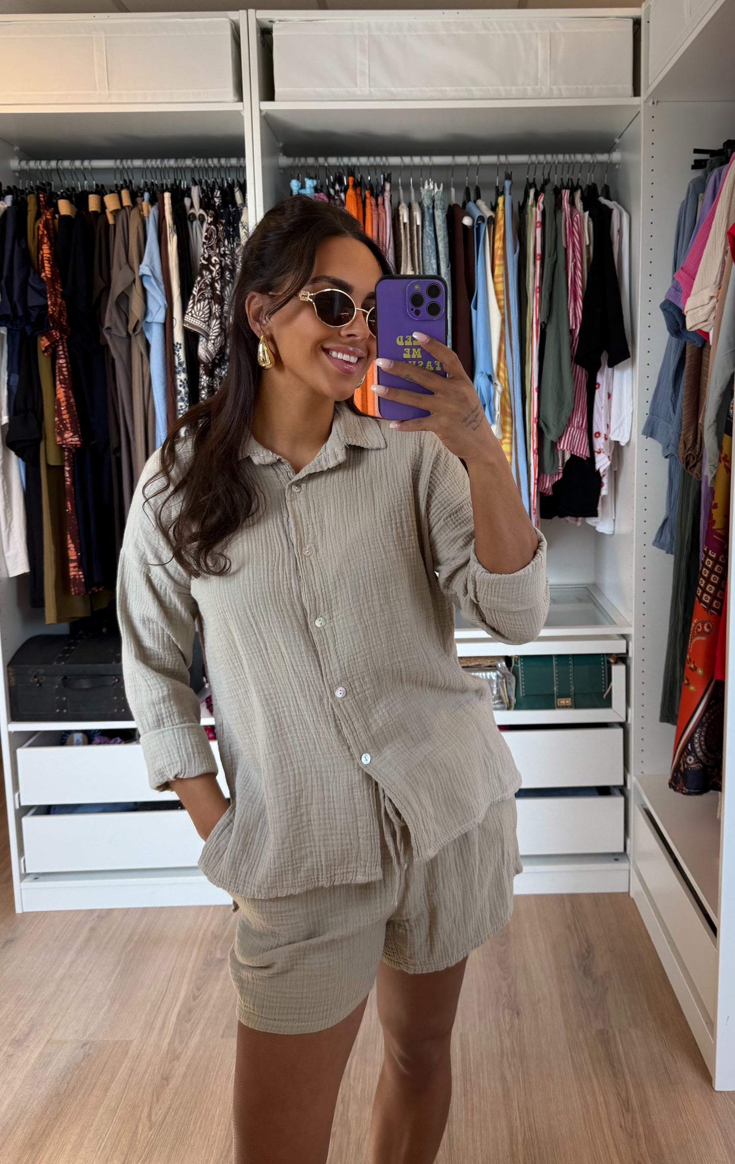 Tweedelige mousseline set blouse & short beige