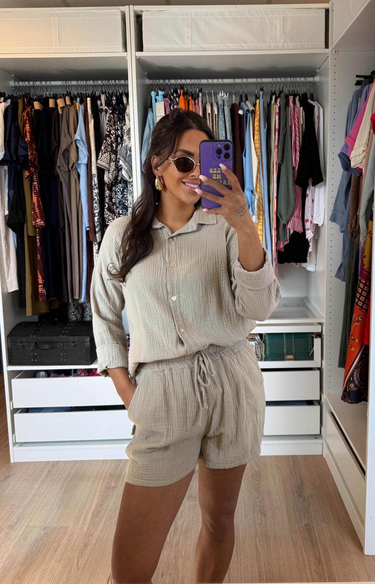 Tweedelige mousseline set blouse & short beige
