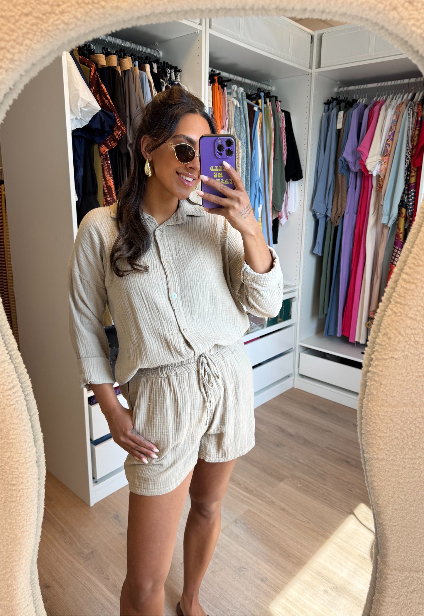 Tweedelige mousseline set blouse & short beige
