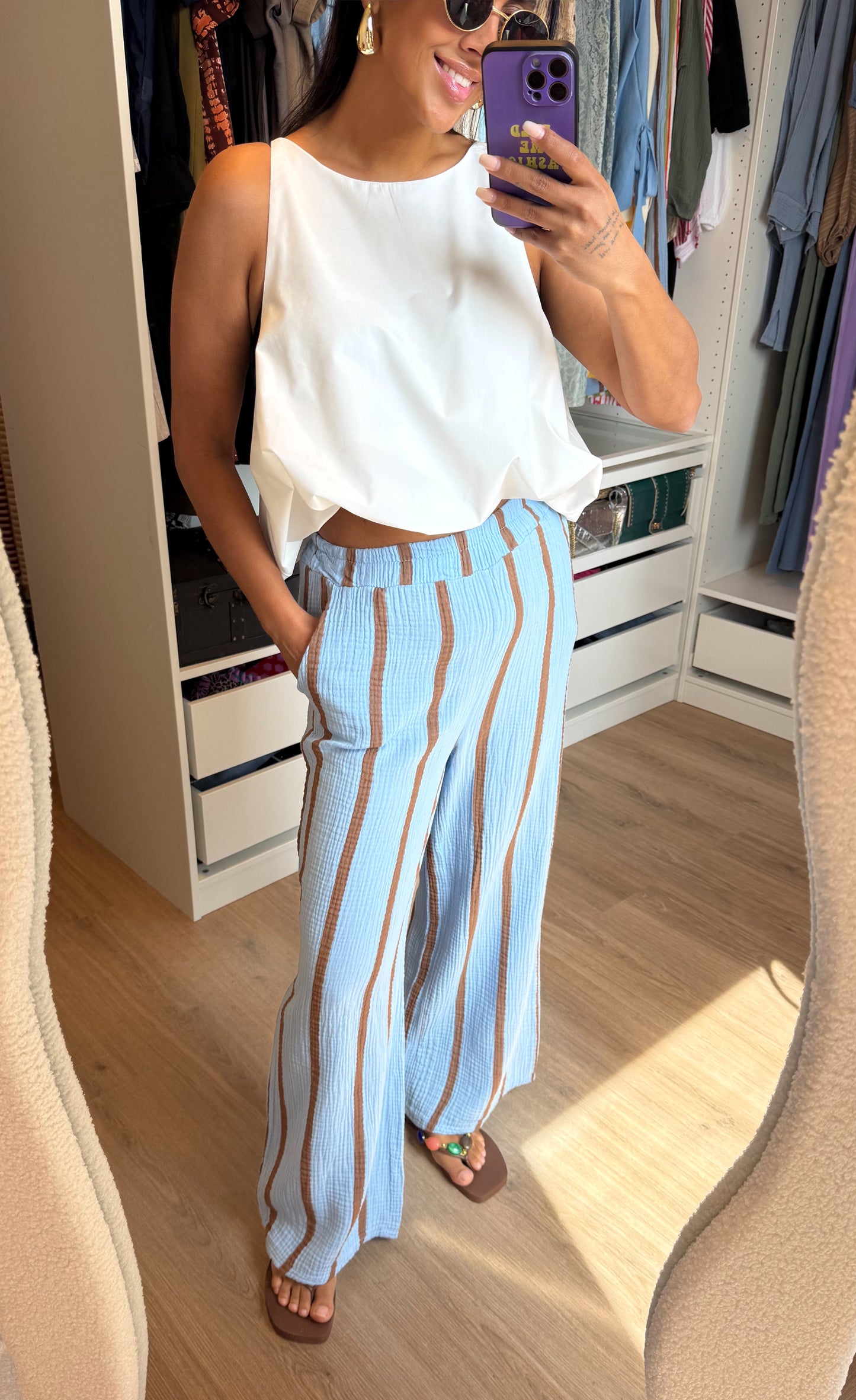 Mousseline broek met rechte pijpen denim blauw & choco bruin
