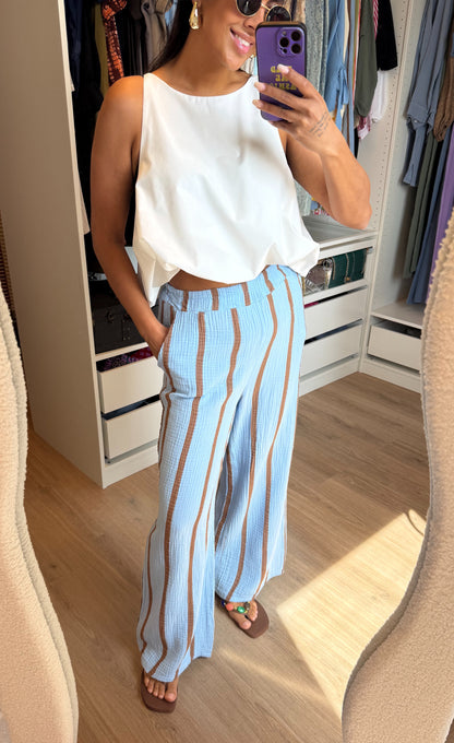 Mousseline broek met rechte pijpen denim blauw & choco bruin
