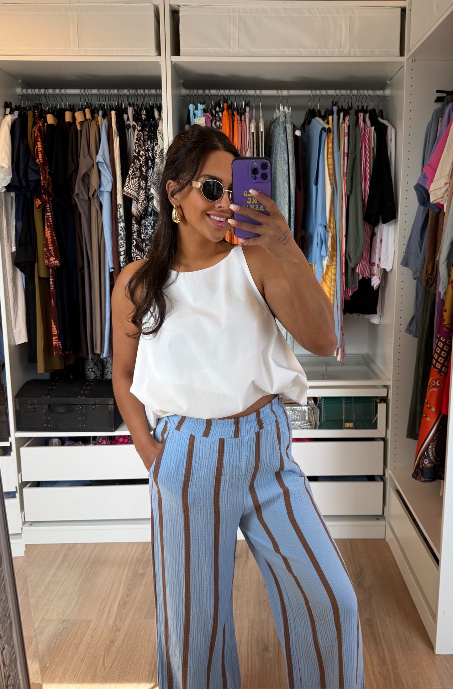 Mousseline broek met rechte pijpen denim blauw & choco bruin