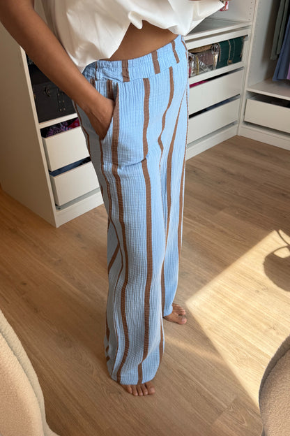 Mousseline broek met rechte pijpen denim blauw & choco bruin