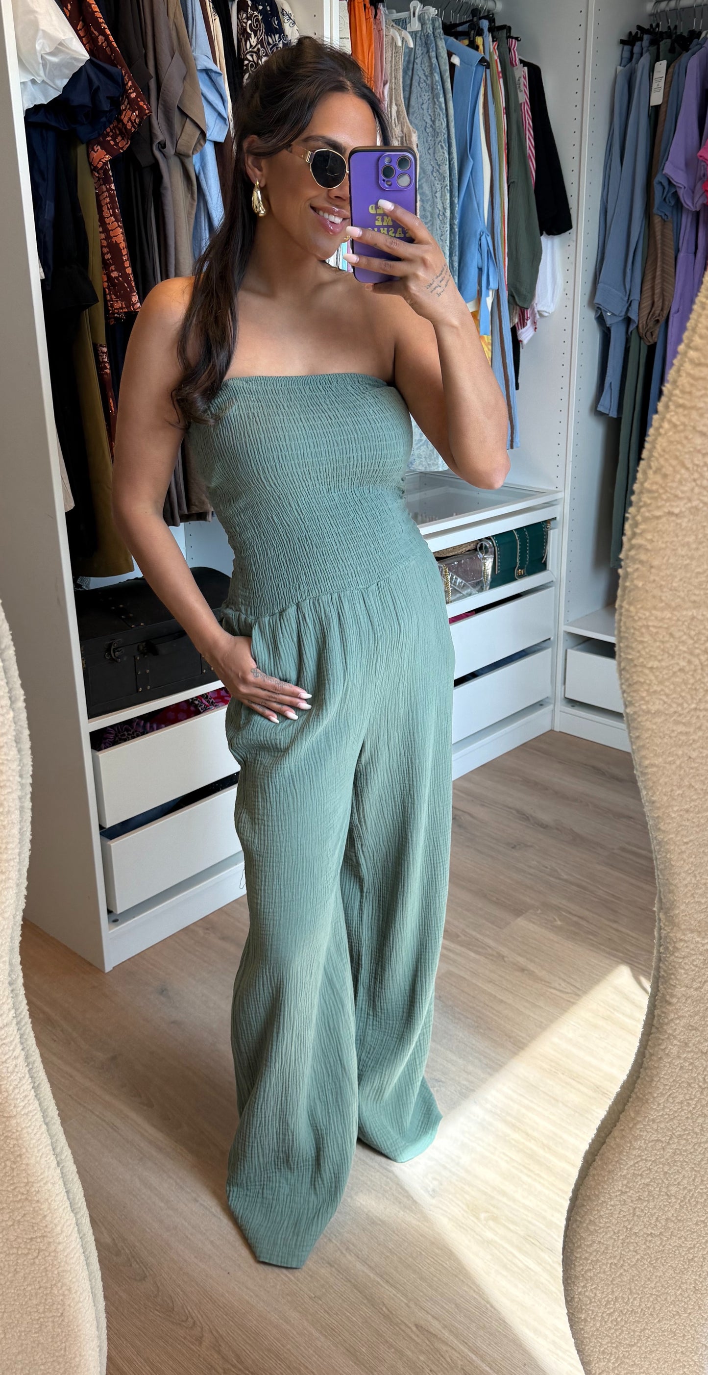 Mousseline jumpsuit strapless army groen