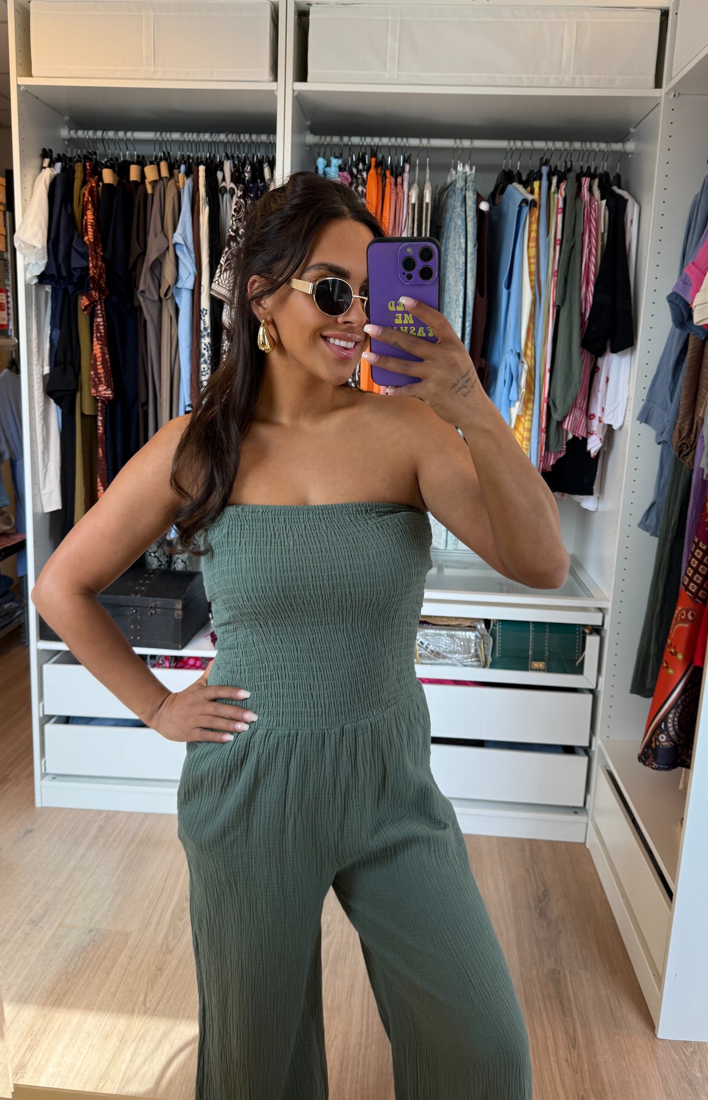 Mousseline jumpsuit strapless army groen