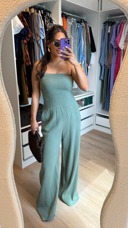 Mousseline jumpsuit strapless army groen