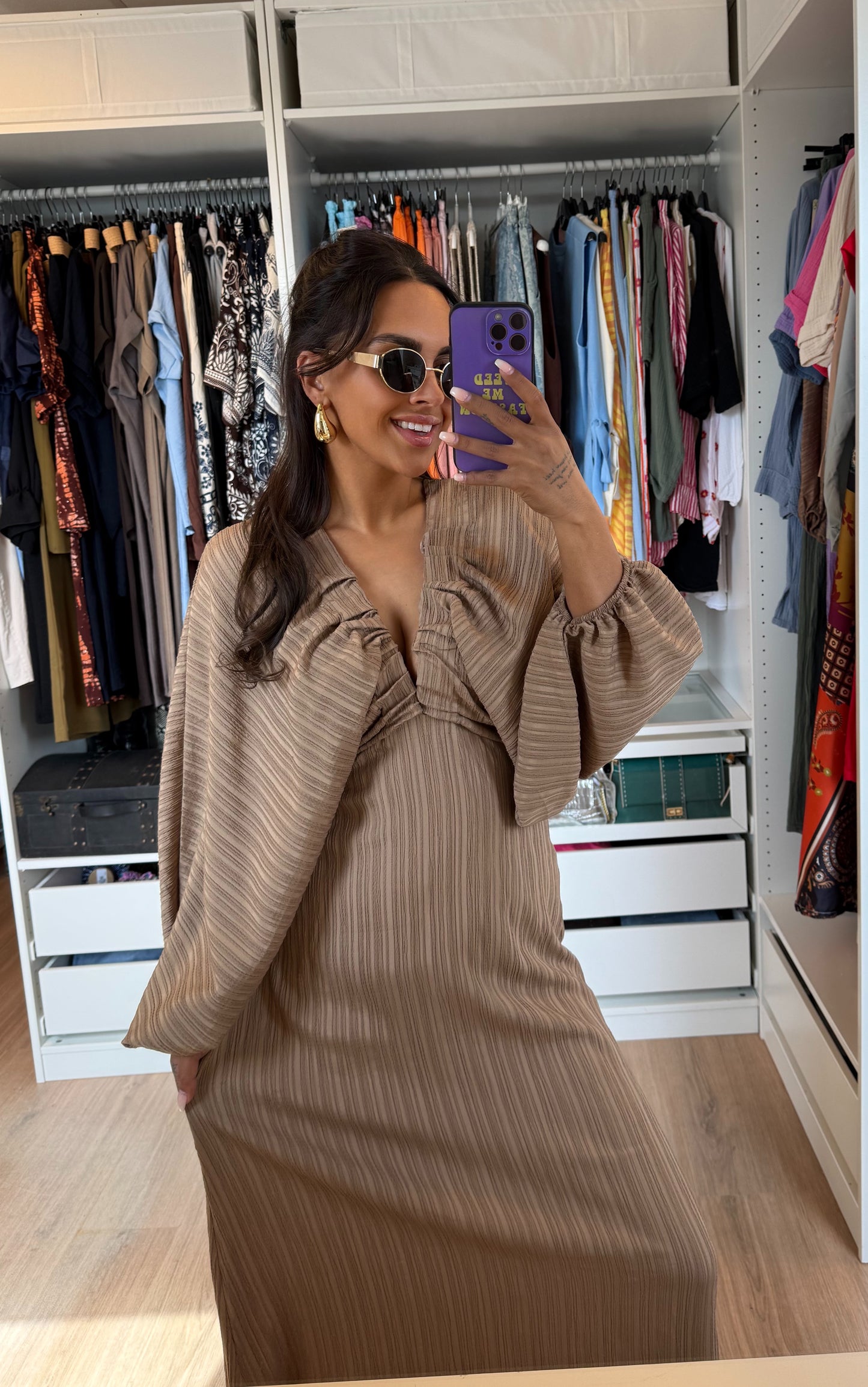 Maxi jurk met ballonmouwen beige