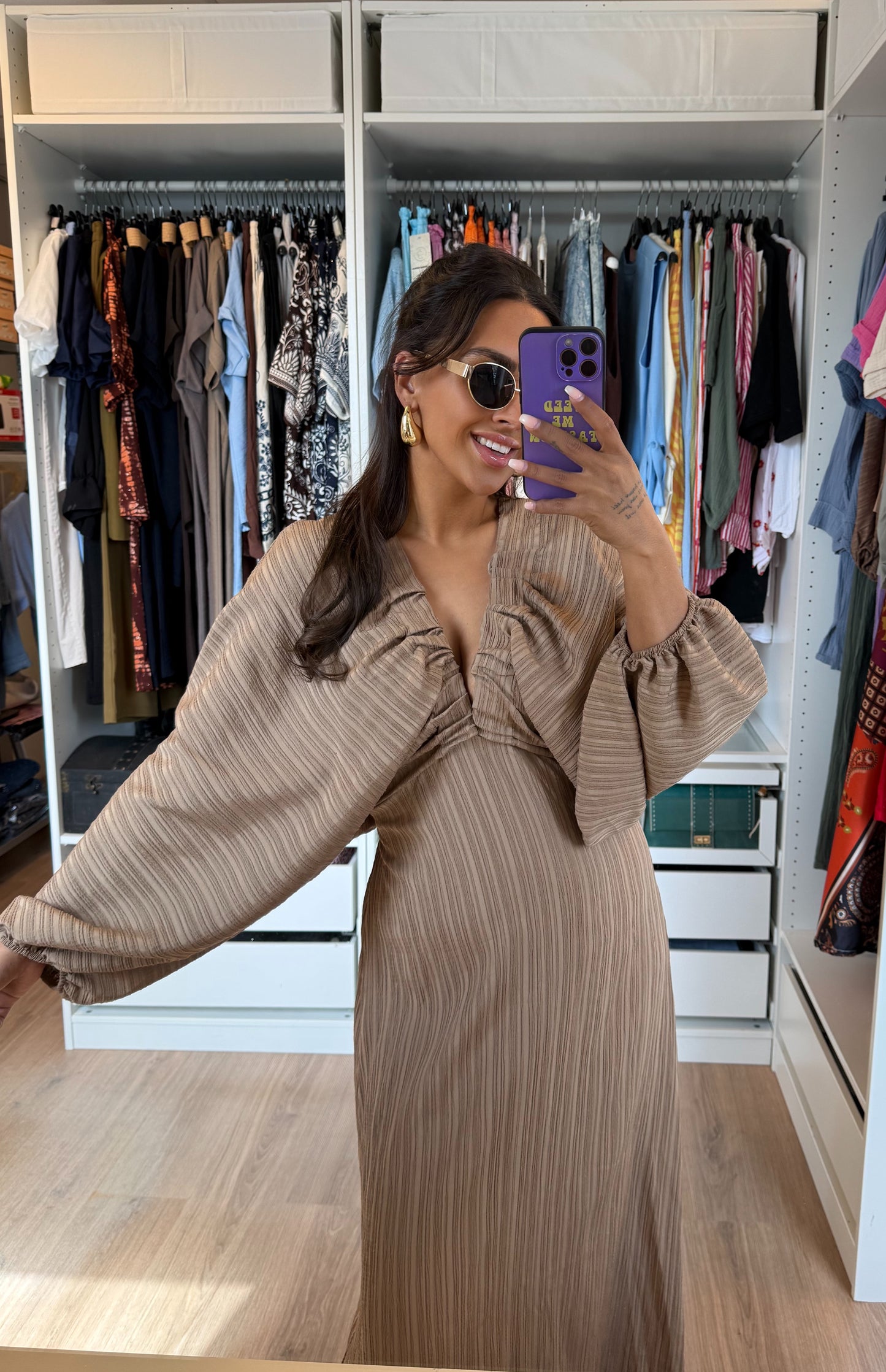 Maxi jurk met ballonmouwen beige