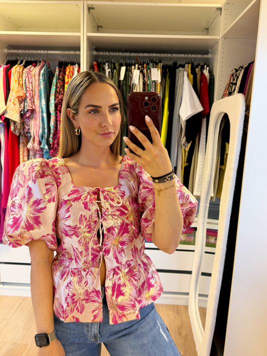 Fleur jacquard bow blouse pink