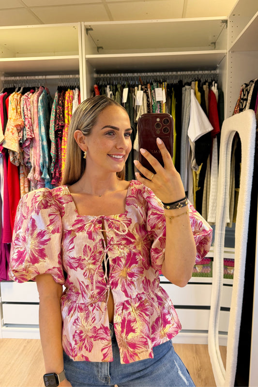 Fleur jacquard bow blouse pink