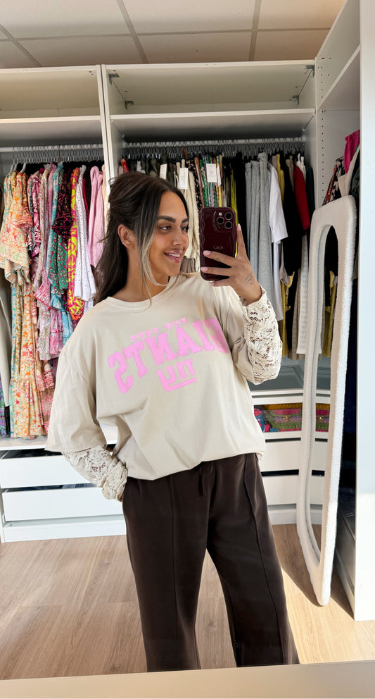 New york longsleeve lace T-shirt beige & pink
