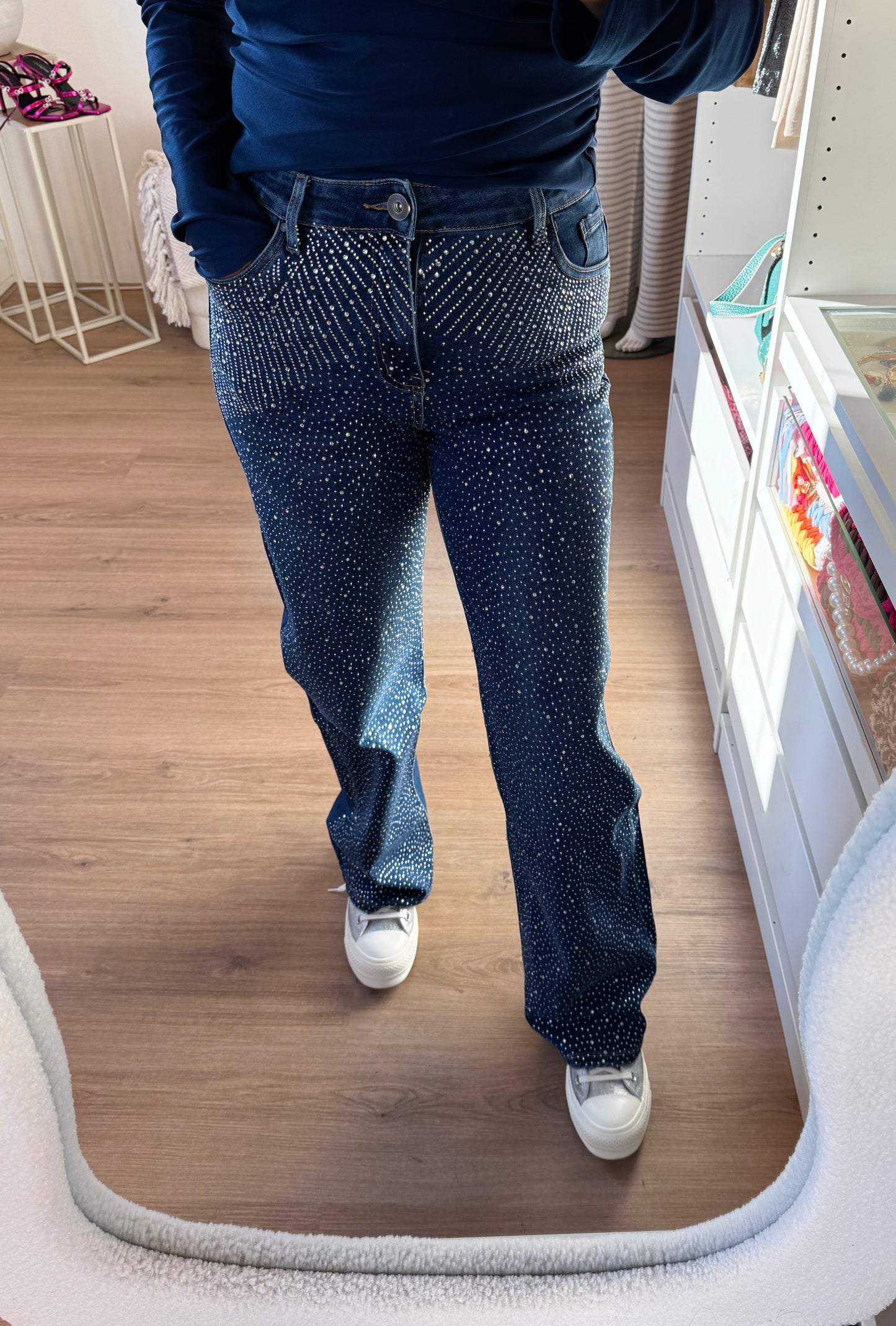 Jeans straight fit glitter all-over denimblauw