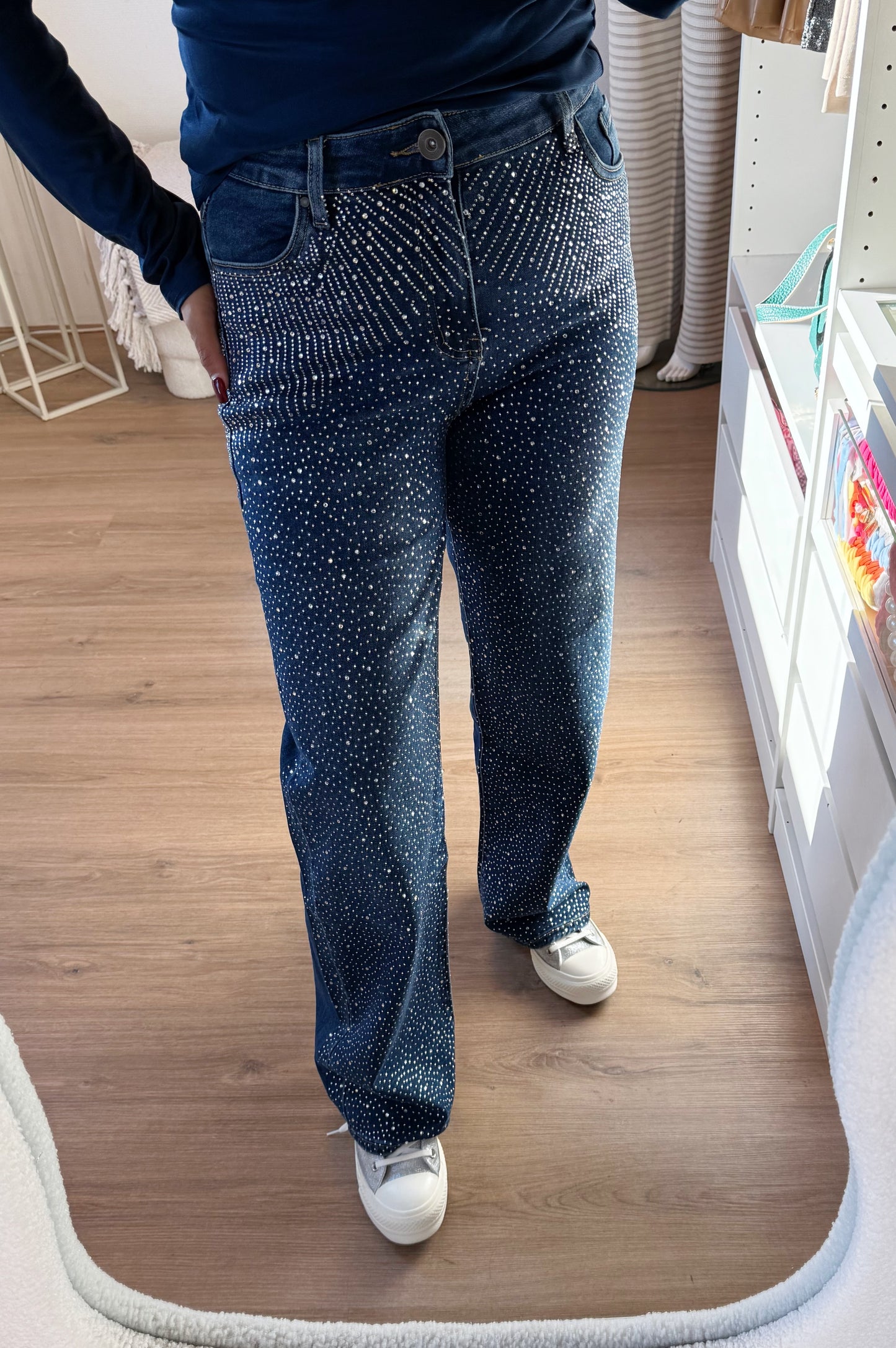 Jeans straight fit glitter all-over denimblauw