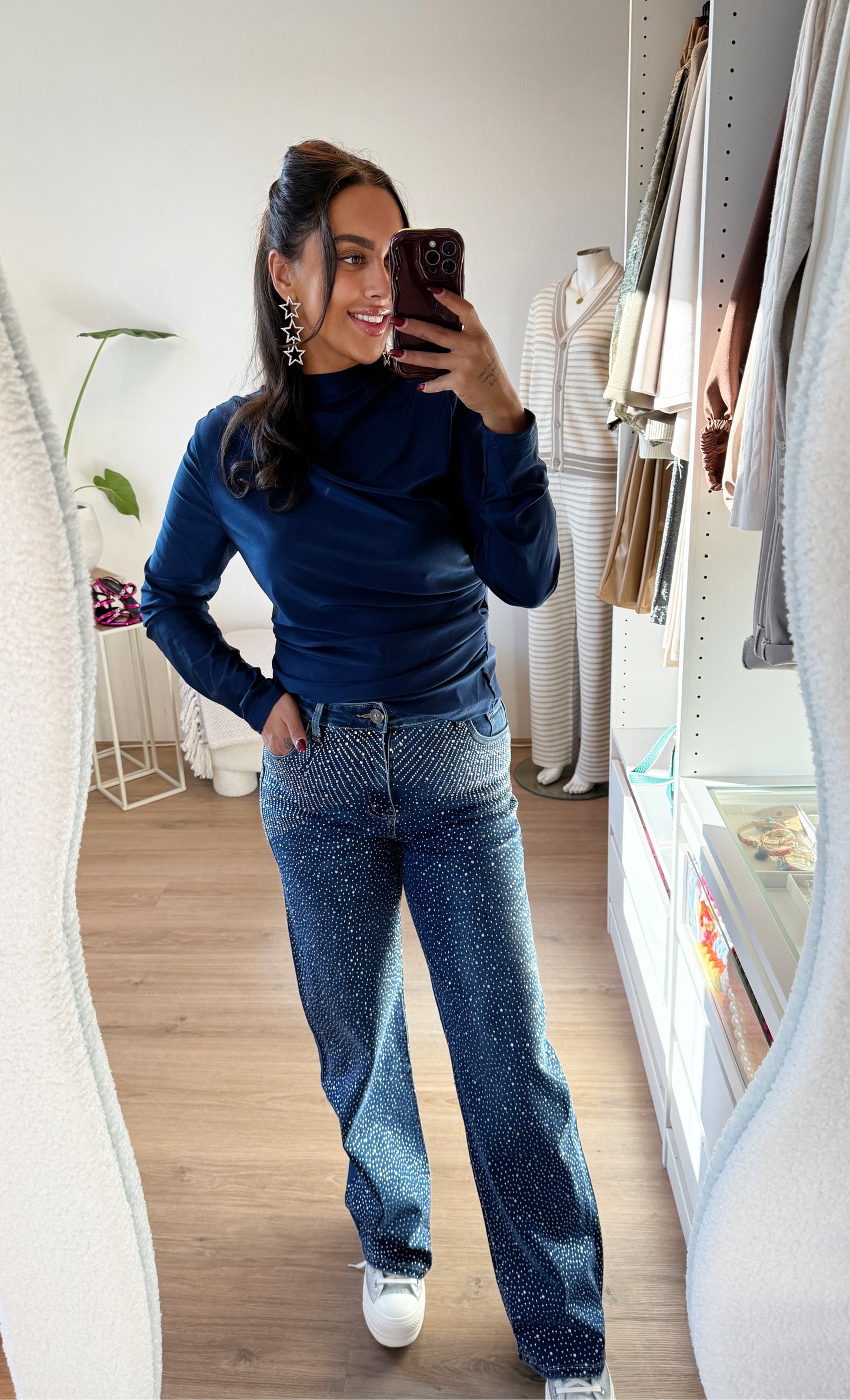 Jeans straight fit glitter all-over denimblauw