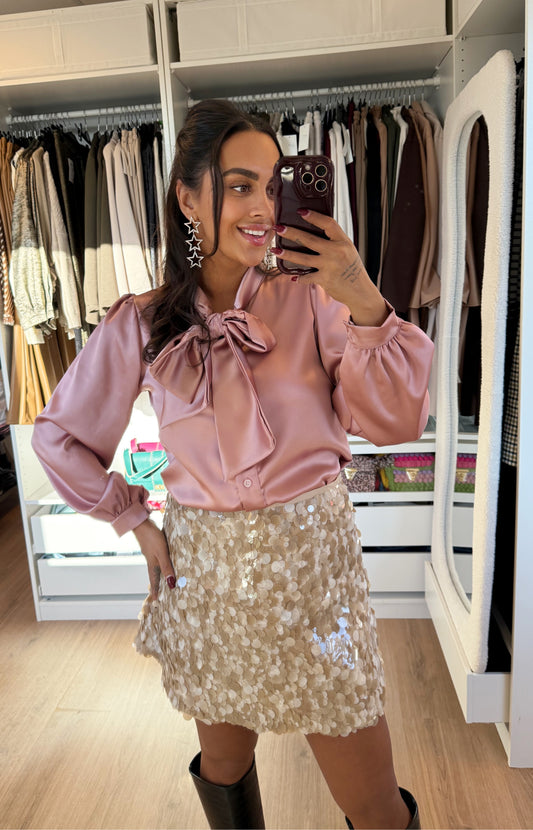 Blouse satijn met strik oudroze