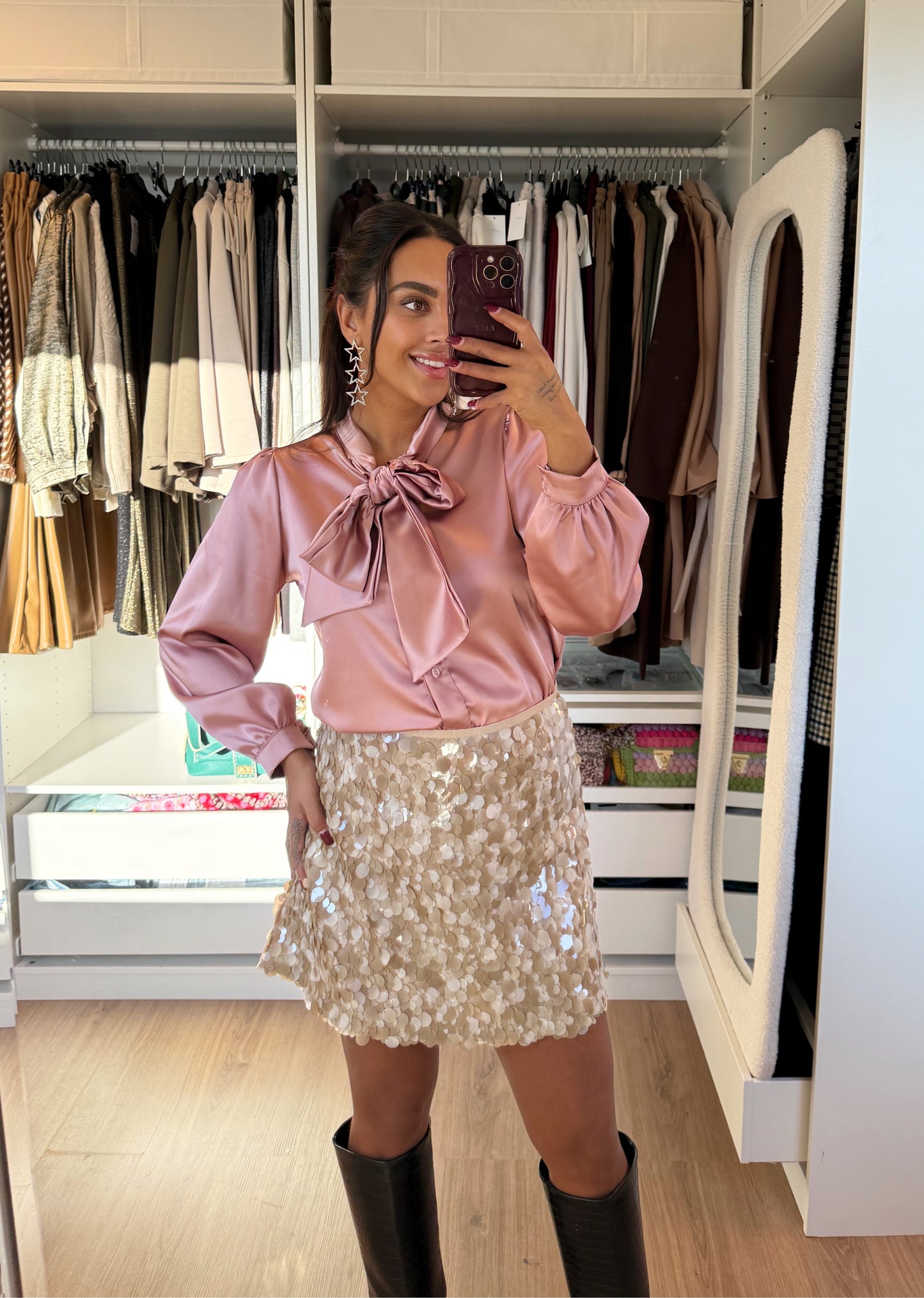 Blouse satijn met strik oudroze