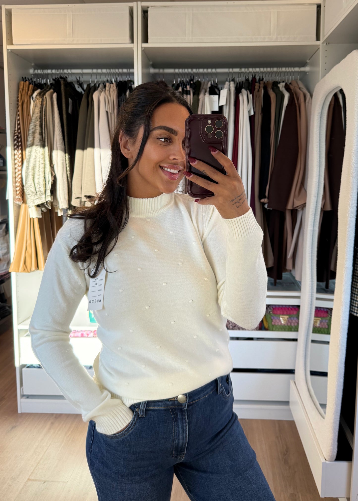 Sweater super soft col met dot print offwhite