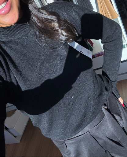 Sweater super soft col met dot print zwart