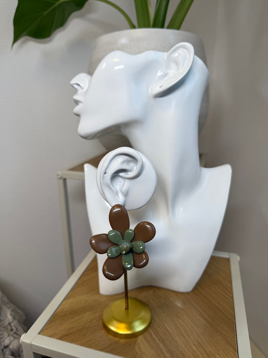Oorbellen statement bloem choco bruin en groen