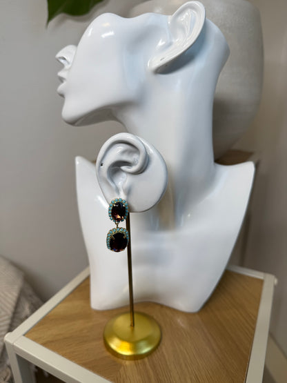 Oorbellen diamanten bordeaux & lichtblauw