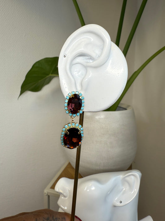 Oorbellen diamanten bordeaux & lichtblauw