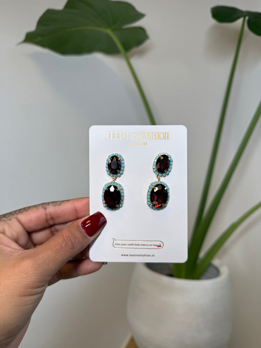 Oorbellen diamanten bordeaux & lichtblauw