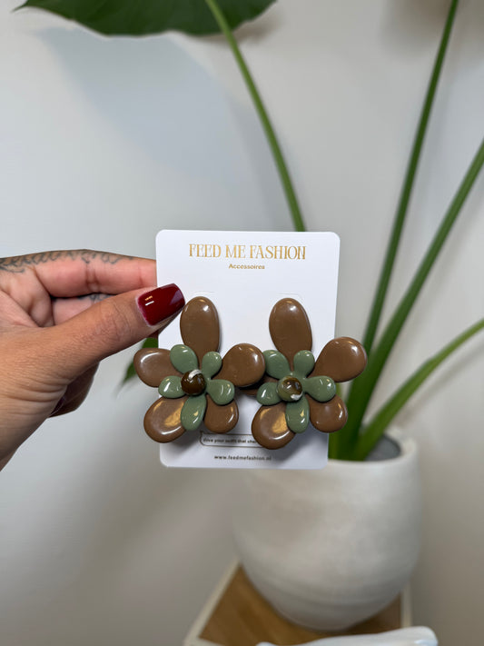 Oorbellen statement bloem choco bruin en groen