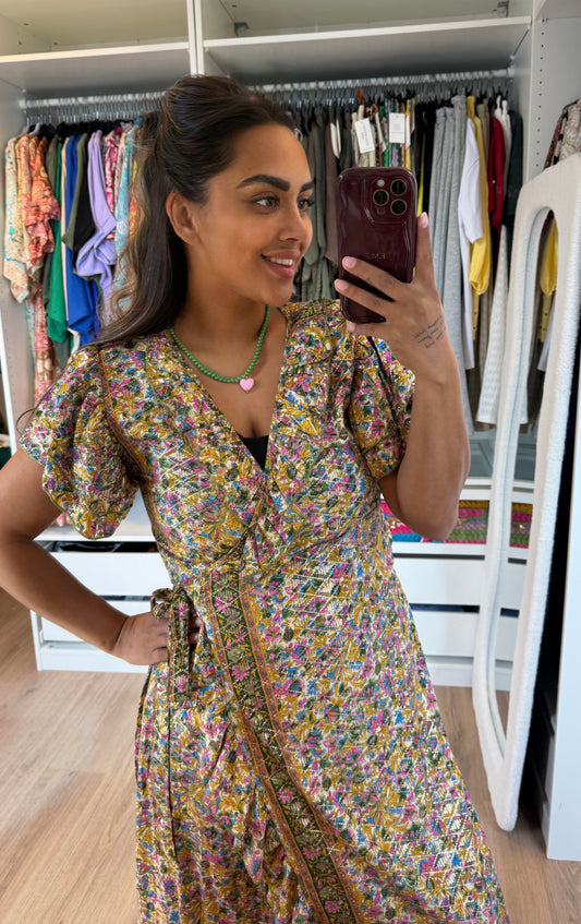 Golden detail flower wrap dress yellow & green & pink & blue
