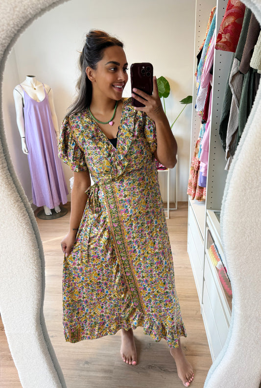 Golden detail flower wrap dress yellow & green & pink & blue