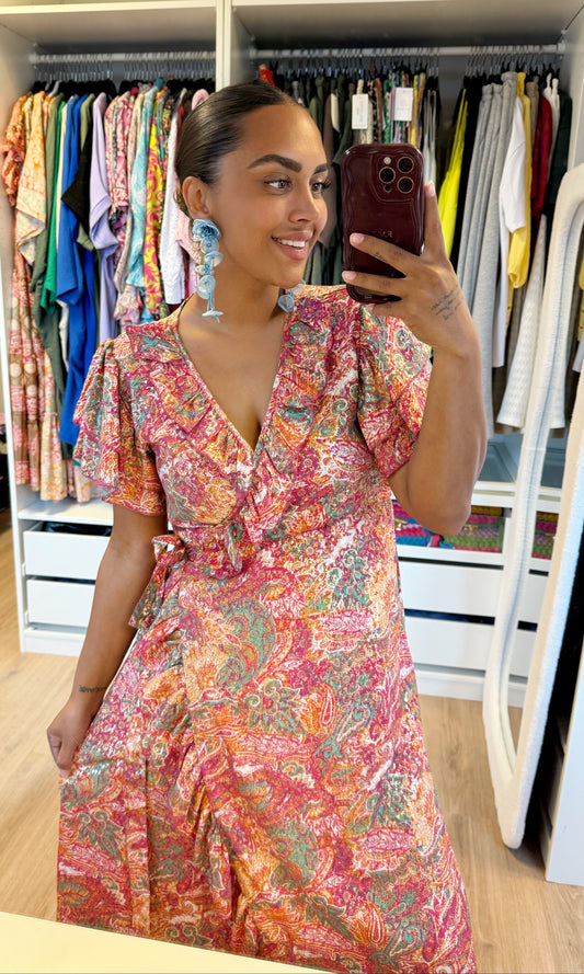 Golden detail flower wrap dress pink & mint & orange