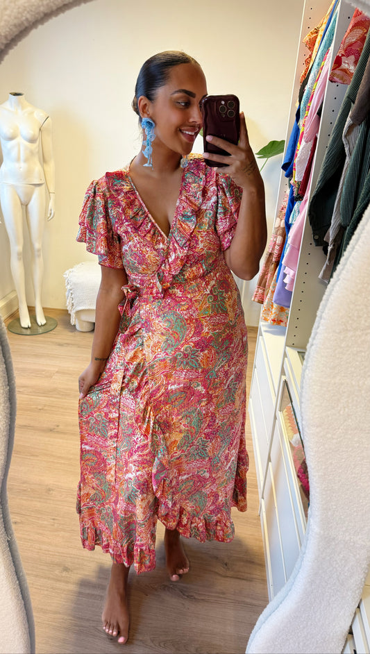 Golden detail flower wrap dress pink & mint & orange