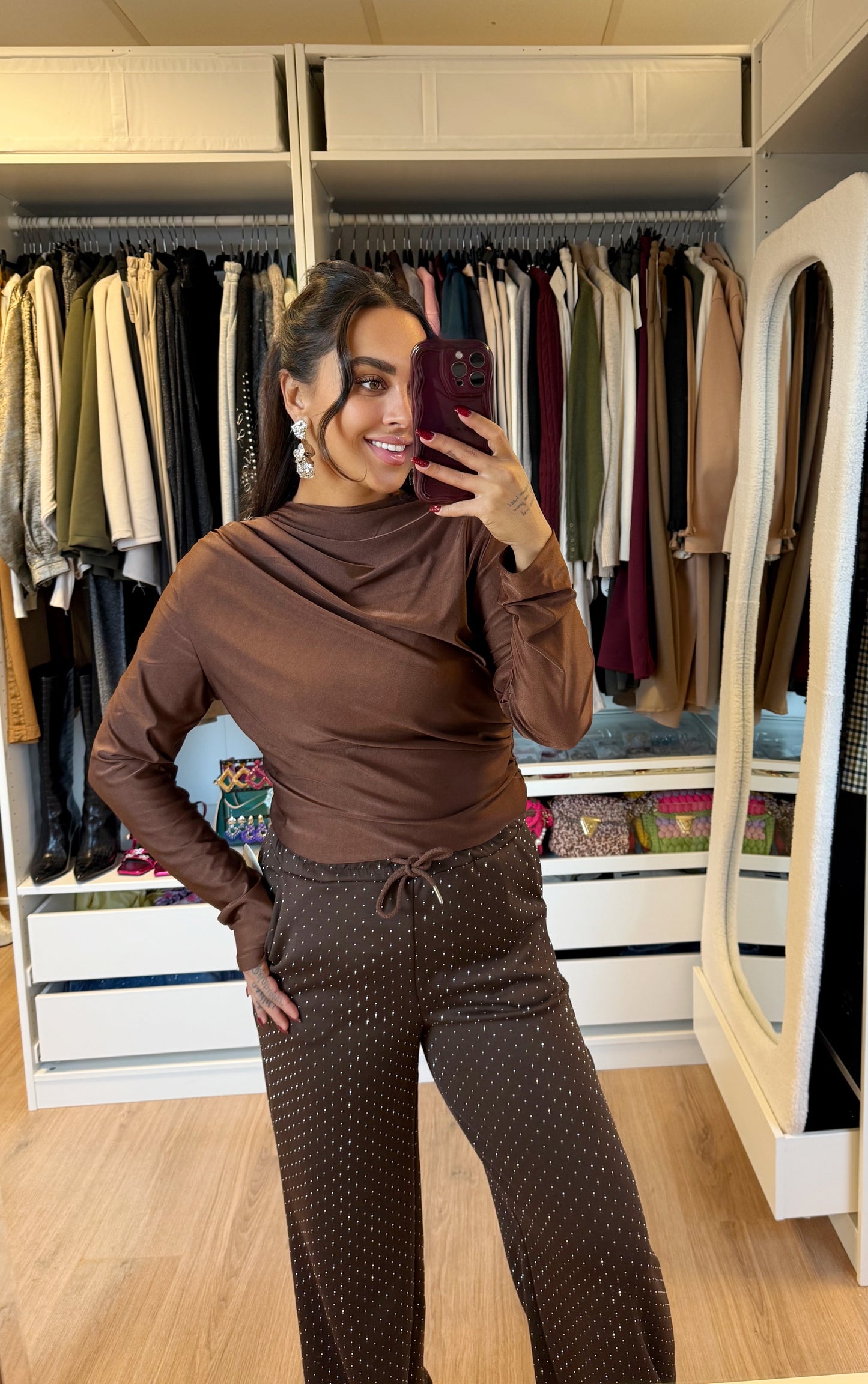 strass straight fit jogger choco bruin